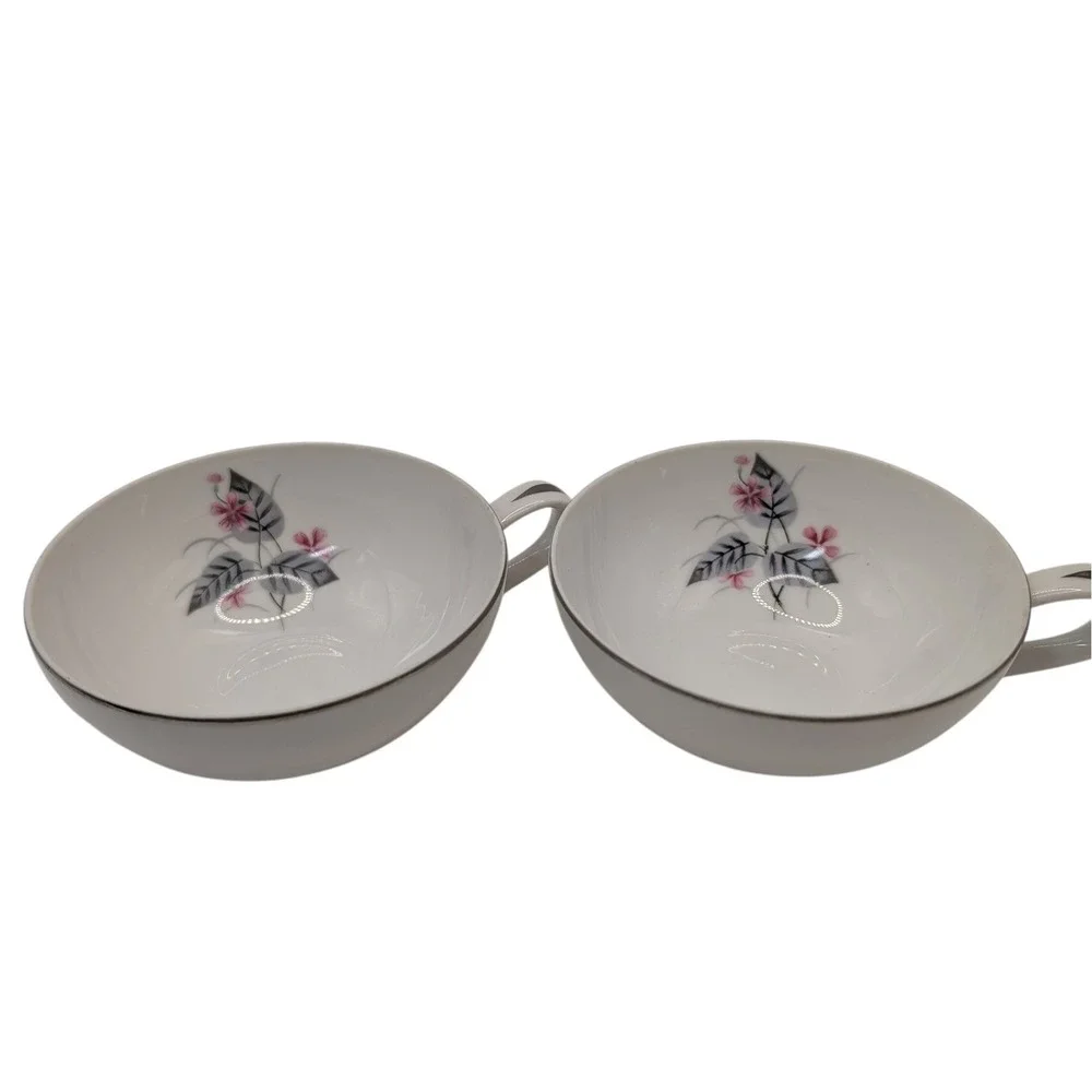 Vintage Narumi Teacups Lyric  Pink Gray Flower Bone China Mid Century Set of Two